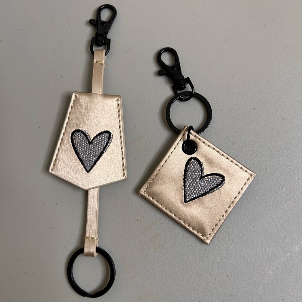 Set of two Heart themed keychains or bag charms in Gold Faux Leather